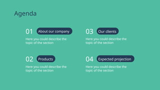 Agenda
01
02
Here you could describe the
topic of the section
Here you could describe the
topic of the section
03
04
Here you could describe the
topic of the section
Here you could describe the
topic of the section
About our company
Products Expected projection
Our clients
 