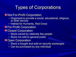 Types of Corporations
Not-For-Profit Corporation
– Organized to provide a social, educational, religious,
  or other service
– Habitat for Humanity, Red Cross
For-Profit Corporation
Closed Corporation
– Stock owned by relatively few people
– Stock not sold to general public
Open Corporation
– Stock is bought and sold on security exchanges
– Can be purchased by any individual
 