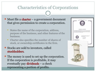 Characteristics of Corporations
Must file a chartercharter – a government document
that gives permission to create a corporation.
 States the name of the corporation, address,
purpose of the business, and other features of the
business.
 Charter also specifies the number of shares of
stock, or ownership certificates in the firm.
Stocks are sold to investors, called
stockholdersstockholders.
The money is used to set up the corporation.
If the corporation is profitable, it may
eventually pay dividendsdividends – a check
representing a portion of profits.
 