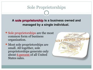 Sole Proprietorships
Sole proprietorships are the most
common form of business
organization.
Most sole proprietorships are
small. All together, sole
proprietorships generate only
about 6 percent of all United
States sales.
A sole proprietorshipsole proprietorship is a business owned and
managed by a single individual.
 