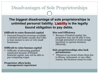 The biggest disadvantage of sole proprietorships is
unlimited personal liability. LiabilityLiability is the legally
bound obligation to pay debts.
Disadvantages of Sole Proprietorships
Difficult to raise financial capital
 Personal financial resources available
is limited and banks usually don’t like
to loan money to new or very small
businesses.
Difficult to raise human capital
 Difficulty of attracting qualified
employees because of limited
financial capital, may not be able to
pay competing wages.
Proprietor often lacks
management experience
Size and Efficiency
 Because of limited capital, the
proprietor may not be able to hire
enough personnel or stock enough
inventory to operate business
efficiently.
Sole proprietorships also lack
permanence.
 Whenever an owner closes shop due
to illness, retirement, or any other
reason, the business ceases to exist.
 