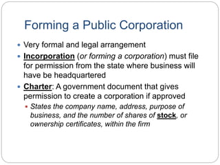 Forming a Public Corporation
 Very formal and legal arrangement
 Incorporation (or forming a corporation) must file
for permission from the state where business will
have be headquartered
 Charter: A government document that gives
permission to create a corporation if approved
 States the company name, address, purpose of
business, and the number of shares of stock, or
ownership certificates, within the firm
 