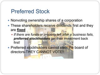 Preferred Stock
 Nonvoting ownership shares of a corporation
 These shareholders receive dividends first and they
are fixed
 If there are funds or property left after a business fails,
preferred stockholders get their investment back
first!
 Preferred stockholders cannot elect the board of
directors-THEY CANNOT VOTE!!
 