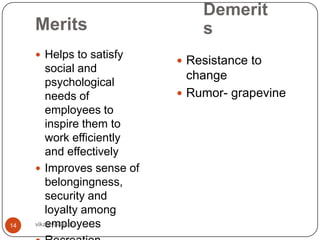 Demerit
     Merits                     s
      Helps to satisfy
                             Resistance to
         social and
                              change
         psychological
         needs of            Rumor- grapevine
         employees to
         inspire them to
         work efficiently
         and effectively
      Improves sense of
         belongingness,
         security and
         loyalty among
14       employees
     vikas vadakara
 