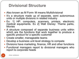 Divisional Structure
  Also known as M Form- M means Multidivisional
  It’s a structure made up of separate, semi autonomous
     units or multiple divisions in related industry
    Ex: 1] HP: computers, scanners, printers, electronic
     medical equipments. Ex 2] Walt Disney: Theme parks,
     Movies
    A structure composed of separate business units within
     which are the functions that work together to produce a
     specific product for a specific customer
    Create smaller, manageable teams
    Develop a business unit level strategy to compete
    Divisions have marketing, finance, HR and other functions
    Functional managers report to divisional managers who
     report to corporate heads
20    vikas vadakara
 