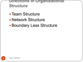 Directions in Organizational
     Structure
      Team Structure
      Network Structure
      Boundary Less Structure




28   vikas vadakara
 