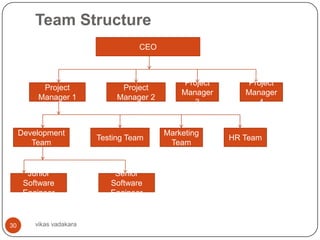 Team Structure
                                    CEO



                                               Project      Project
           Project              Project
                                               Manager      Manager
          Manager 1            Manager 2
                                                  3            4


     Development                           Marketing
                          Testing Team                   HR Team
        Team                                Team


       Junior                 Senior
      Software               Software
      Engineer               Engineer



30       vikas vadakara
 