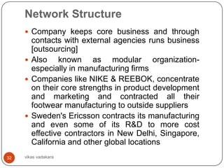 Network Structure
      Company keeps core business and through
       contacts with external agencies runs business
       [outsourcing]
      Also    known as modular organization-
       especially in manufacturing firms
      Companies like NIKE & REEBOK, concentrate
       on their core strengths in product development
       and marketing and contracted all their
       footwear manufacturing to outside suppliers
      Sweden's Ericsson contracts its manufacturing
       and even some of its R&D to more cost
       effective contractors in New Delhi, Singapore,
       California and other global locations
32   vikas vadakara
 