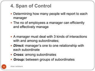 4. Span of Control
      Determining how many people will report to each
       manager
      The no of employees a manager can efficiently
       and effectively manage

      A manager must deal with 3 kinds of interactions
       with and among subordinates;
      Direct: manager’s one to one relationship with
       each subordinate
      Cross: among subordinates
      Group: between groups of subordinates

49   vikas vadakara
 