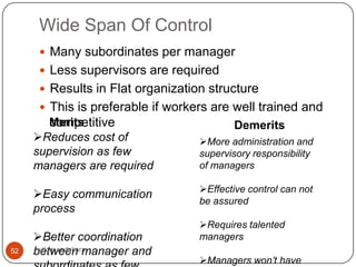 Wide Span Of Control
       Many subordinates per manager
       Less supervisors are required
       Results in Flat organization structure
       This is preferable if workers are well trained and
        competitive
        Merits                            Demerits
     Reduces cost of              More administration and
     supervision as few            supervisory responsibility
     managers are required         of managers

                                   Effective control can not
     Easy communication
                                   be assured
     process
                                   Requires talented
     Better coordination          managers
52   between manager and
      vikas vadakara
                                   Managers won’t have
 
