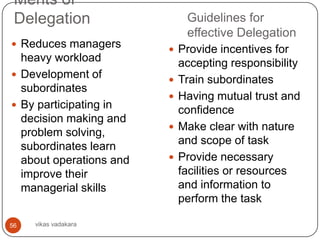 Merits of
 Delegation                   Guidelines for
                              effective Delegation
 Reduces managers
                          Provide incentives for
  heavy workload             accepting responsibility
 Development of
                            Train subordinates
  subordinates
                            Having mutual trust and
 By participating in
                             confidence
  decision making and
                            Make clear with nature
  problem solving,
                             and scope of task
  subordinates learn
  about operations and      Provide necessary
  improve their              facilities or resources
  managerial skills          and information to
                             perform the task

56   vikas vadakara
 