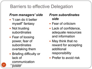 Barriers to effective Delegation
     From managers’ side        From subordinates
      “I can do it better        side
        myself” fantasy          Fear of criticism
      Not trusting              Lack of confidence,
        subordinates              adequate resources
      Fear of loosing            and information
        power, fear of           May think that no
        subordinates              reward for accepting
        overtaking them           additional
      Briefing difficulty or     responsibility
        lack of                  Prefer to avoid risk
        communication
57   vikas vadakara
        power
 