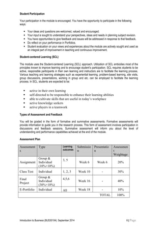 Student Participation
Your participation in the module is encouraged. You have the opportunity to participate in the following
ways:
 Your ideas and questions are welcomed, valued and encouraged.
 Your input is sought to understand your perspectives, ideas and needs in planning subject revision.
 You have opportunities to give feedback and issues will be addressed in response to that feedback.
 Do reflect on your performance in Portfolios.
 Student evaluation on your views and experiences about the module are actively sought and used as
an integral part of improvement in teaching and continuous improvement.
Student-centered Learning (SCL)
The module uses the Student-centered Learning (SCL) approach. Utilization of SCL embodies most of the
principles known to improve learning and to encourage student’s participation. SCL requires students to be
active, responsible participants in their own learning and instructors are to facilitate the learning process.
Various teaching and learning strategies such as experiential learning, problem-based learning, site visits,
group discussions, presentations, working in group and etc. can be employed to facilitate the learning
process. In SCL, students are expected to be:
 active in their own learning
 self-directed to be responsible to enhance their learning abilities
 able to cultivate skills that are useful in today’s workplace
 active knowledge seekers
 active players in a teamwork
Types of Assessment and Feedback
You will be graded in the form of formative and summative assessments. Formative assessments will
provide information to guide you in the research process. This form of assessment involves participation in
discussions and feedback sessions. Summative assessment will inform you about the level of
understanding and performance capabilities achieved at the end of the module.
Assessment Plan
Assessment
s
Type Learning
outcomes
Submissio
n
Presentatio
n
Assessmen
t
Weightage
Assignment
Group &
Individual
(10%+10%)
3, 5
Week 6 Week 6 20%
Class Test Individual 1, 2, 3 Week 10 - 30%
Final
Project
Group &
Individual
(30%+10%)
4,5,6
Week 16 - 40%
E-Portfolio Individual All Week 18 - 10%
TOTAL 100%
Introduction to Business (BUS30104): September 2014 6 | Page
 