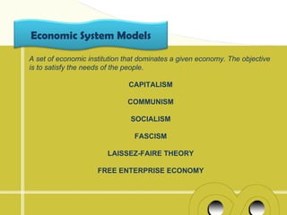 Economic System Models
A set of economic institution that dominates a given economy. The objective
is to satisfy the needs of the people.

                              CAPITALISM

                              COMMUNISM

                               SOCIALISM

                                FASCISM

                        LAISSEZ-FAIRE THEORY

                     FREE ENTERPRISE ECONOMY
 