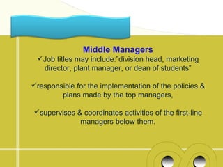 Middle Managers
 Job titles may include:”division head, marketing
  director, plant manager, or dean of students”

responsible for the implementation of the policies &
        plans made by the top managers,

supervises & coordinates activities of the first-line
             managers below them.
 