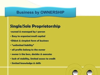 Business by OWNERSHIP


Single/Sole Proprietorship
-owned & managed by 1 person
- Easy to organize/small capital
-Oldest & simplest form of business
- “unlimited liability”
- all profits belong to the owner
- owner is the boss, decides & executes
- lack of stability, limited access to credit
- limited knowledge & skills
 