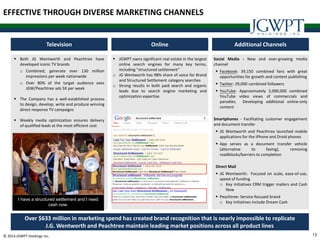 13© 2014 JGWPT Holdings Inc.
 JGWPT owns significant real estate in the largest
online search engines for many key terms,
including “structured settlement”
o JG Wentworth has 98% share of voice for Brand
and Structured Settlement category searches
o Strong results in both paid search and organic
leads due to search engine marketing and
optimization expertise
 Both JG Wentworth and Peachtree have
developed iconic TV brands
o Combined, generate over 130 million
impressions per week nationwide
o Over 80% of the target audience sees
JGW/Peachtree ads 5X per week
 The Company has a well-established process
to design, develop, write and produce winning
direct response TV campaigns
 Weekly media optimization ensures delivery
of qualified leads at the most efficient cost
I have a structured settlement and I need
cash now.
Television Additional ChannelsOnline
Social Media - New and ever-growing media
channel
 Facebook: 39,150 combined fans with great
opportunities for growth and content publishing
 Twitter: 29,000 combined followers
 YouTube: Approximately 2,000,000 combined
YouTube video views of commercials and
parodies. Developing additional online-only
content
Smartphones - Facilitating customer engagement
and document transfer
 JG Wentworth and Peachtree launched mobile
applications for the iPhone and Droid phones
 App serves as a document transfer vehicle
(alternative to faxing), removing
roadblocks/barriers to completion
Direct Mail
 JG Wentworth: Focused on scale, ease-of-use,
speed of funding
o Key initiatives CRM trigger mailers and Cash
Now
 Peachtree: Service-focused brand
o Key initiatives include Dream Cash
Over $633 million in marketing spend has created brand recognition that is nearly impossible to replicate
J.G. Wentworth and Peachtree maintain leading market positions across all product lines
EFFECTIVE THROUGH DIVERSE MARKETING CHANNELS
 