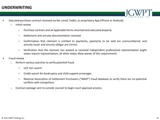 © 2014 JGWPT Holdings Inc. 1818
UNDERWRITING
 Executed purchase contract received via fax, email, FedEx, or proprietary App (iPhone or Android)
o Initial review
• Purchase contract and all applicable forms returned and executed properly
• Settlement and annuity documentation received
• Confirmation that claimant is entitled to payments, payments to be sold are unencumbered, and
annuity issuer and annuity obligor are correct
• Verification that the claimant has waived or received independent professional representation (eight
states require representation, all other states allow waiver of this requirement)
 Fraud review
o Perform various searches to verify potential fraud
• UCC lien search
• Credit search for bankruptcy and child support arrearages
• National Association of Settlement Purchasers (“NASP”) fraud database to verify there are no potential
conflicts with competitors
o Contract package sent to outside counsel to begin court approval process
 