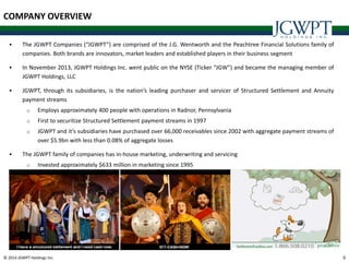 © 2014 JGWPT Holdings Inc. 55
 The JGWPT Companies (“JGWPT”) are comprised of the J.G. Wentworth and the Peachtree Financial Solutions family of
companies. Both brands are innovators, market leaders and established players in their business segment
 In November 2013, JGWPT Holdings Inc. went public on the NYSE (Ticker “JGW”) and became the managing member of
JGWPT Holdings, LLC
 JGWPT, through its subsidiaries, is the nation’s leading purchaser and servicer of Structured Settlement and Annuity
payment streams
o Employs approximately 400 people with operations in Radnor, Pennsylvania
o First to securitize Structured Settlement payment streams in 1997
o JGWPT and it’s subsidiaries have purchased over 66,000 receivables since 2002 with aggregate payment streams of
over $5.9bn with less than 0.08% of aggregate losses
 The JGWPT family of companies has in-house marketing, underwriting and servicing
o Invested approximately $633 million in marketing since 1995
COMPANY OVERVIEW
 