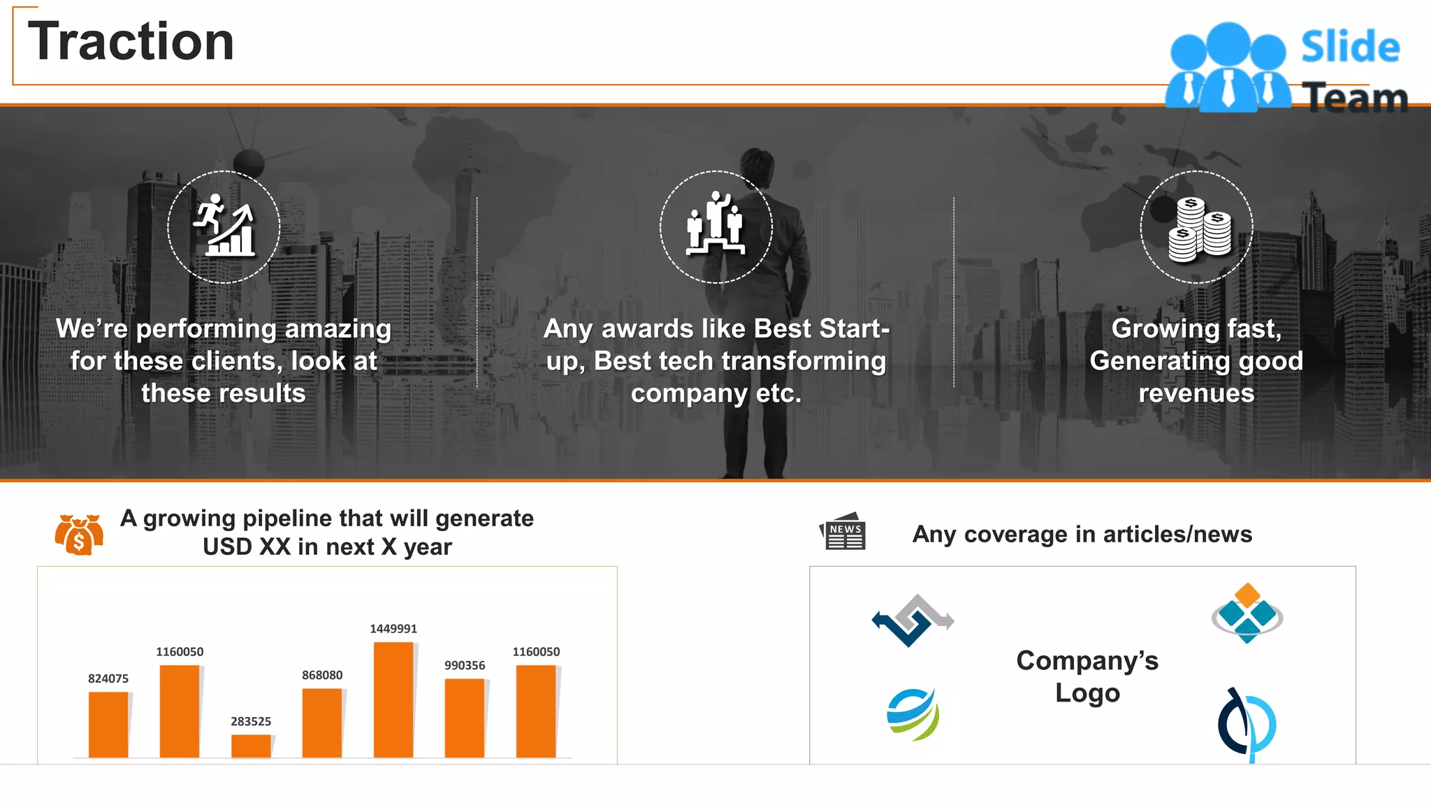 20
20
Traction
824075
1160050
283525
868080
1449991
990356
1160050
Text Here Text Here Text Here Text Here Text Here Text Here Text Here
A growing pipeline that will generate
USD XX in next X year
We’re performing amazing
for these clients, look at
these results
Any awards like Best Start-
up, Best tech transforming
company etc.
Growing fast,
Generating good
revenues
Any coverage in articles/news
Company’s
Logo
 