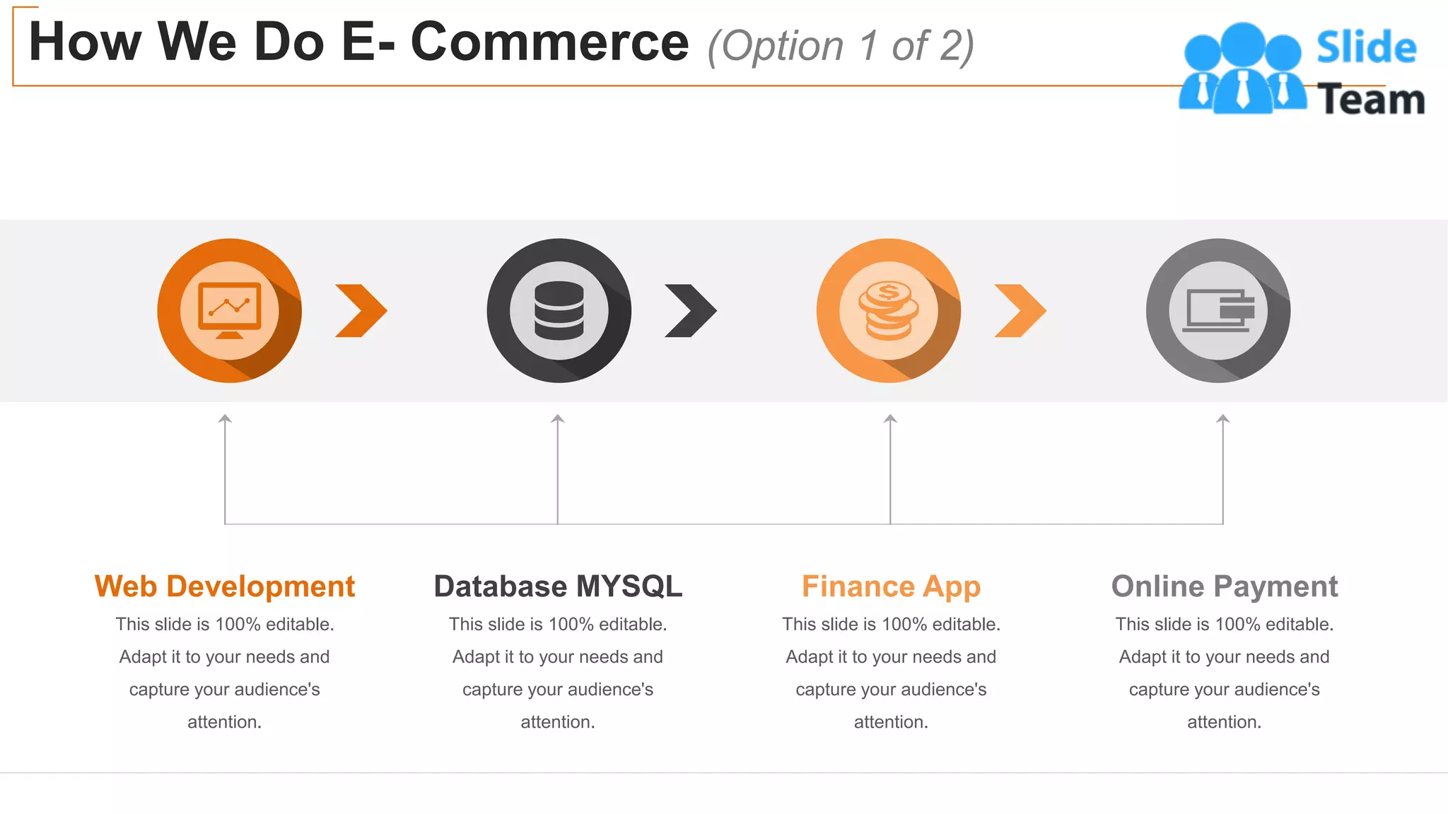 How We Do E- Commerce (Option 1 of 2)
21
This slide is 100% editable.
Adapt it to your needs and
capture your audience's
attention.
Web Development
This slide is 100% editable.
Adapt it to your needs and
capture your audience's
attention.
Database MYSQL
This slide is 100% editable.
Adapt it to your needs and
capture your audience's
attention.
Finance App
This slide is 100% editable.
Adapt it to your needs and
capture your audience's
attention.
Online Payment
 