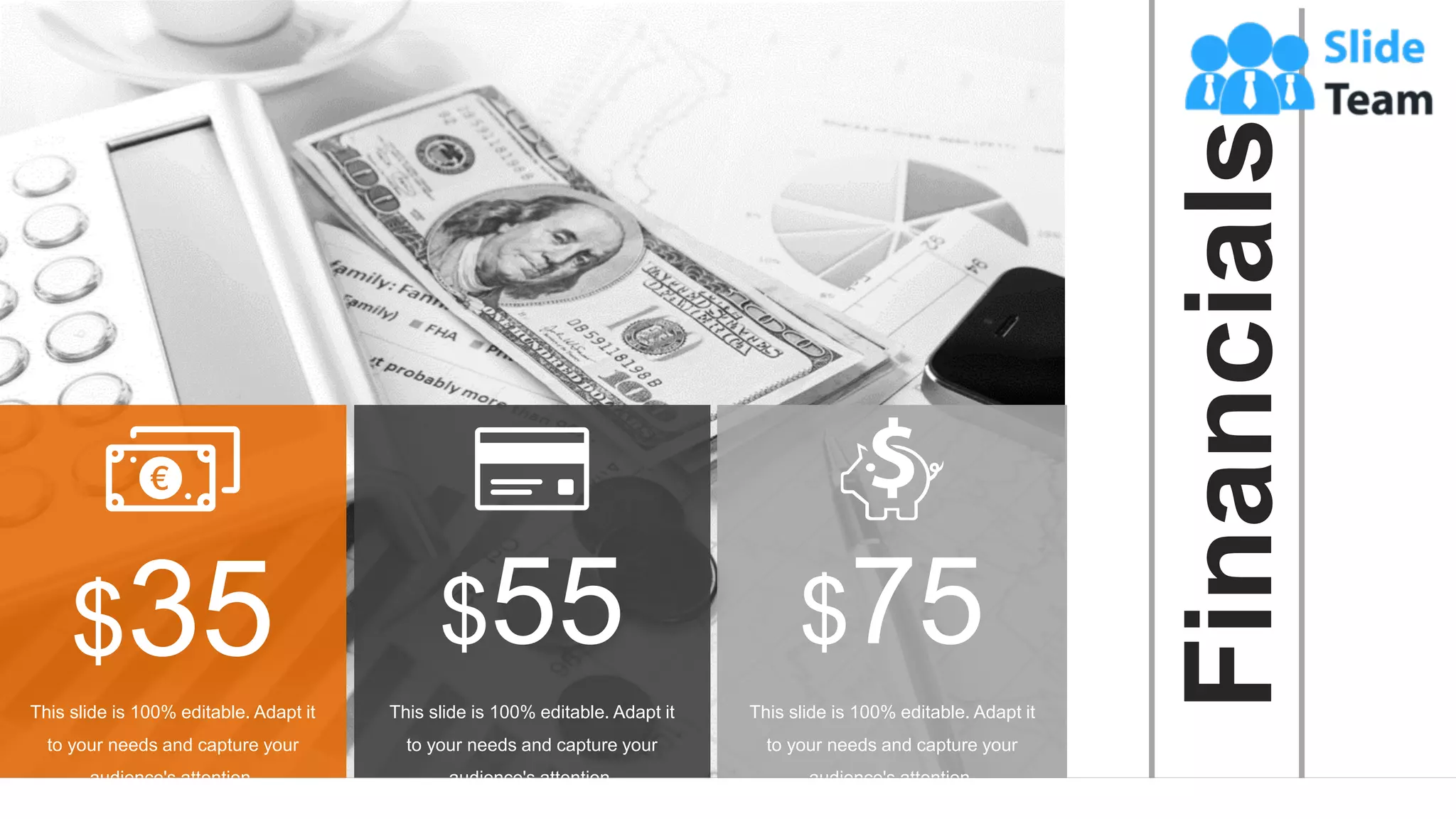 35
$35
This slide is 100% editable. Adapt it
to your needs and capture your
audience's attention.
$55
This slide is 100% editable. Adapt it
to your needs and capture your
audience's attention.
$75
This slide is 100% editable. Adapt it
to your needs and capture your
audience's attention.
Financials
 