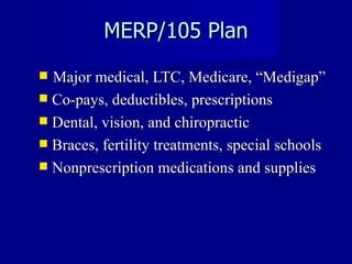 MERP/105 Plan Major medical, LTC, Medicare, “Medigap” Co-pays, deductibles, prescriptions Dental, vision, and chiropractic Braces, fertility treatments, special schools Nonprescription medications and supplies 