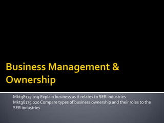 Mktg8175.019 Explain business as it relates to SER industries
Mktg8175.020 Compare types of business ownership and their roles to the
SER industries
 