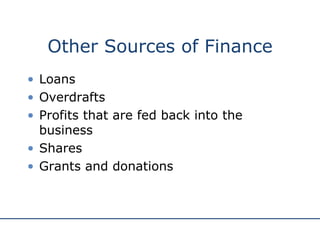 Other Sources of Finance Loans Overdrafts Profits that are fed back into the business Shares Grants and donations 