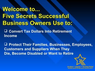 Welcome to...Welcome to...
Five Secrets SuccessfulFive Secrets Successful
Business Owners Use to:Business Owners Use to:
 Convert Tax Dollars Into Retirement
Income
 Protect Their Families, Businesses, Employees,
Customers and Suppliers When They
Die, Become Disabled or Want to Retire
 