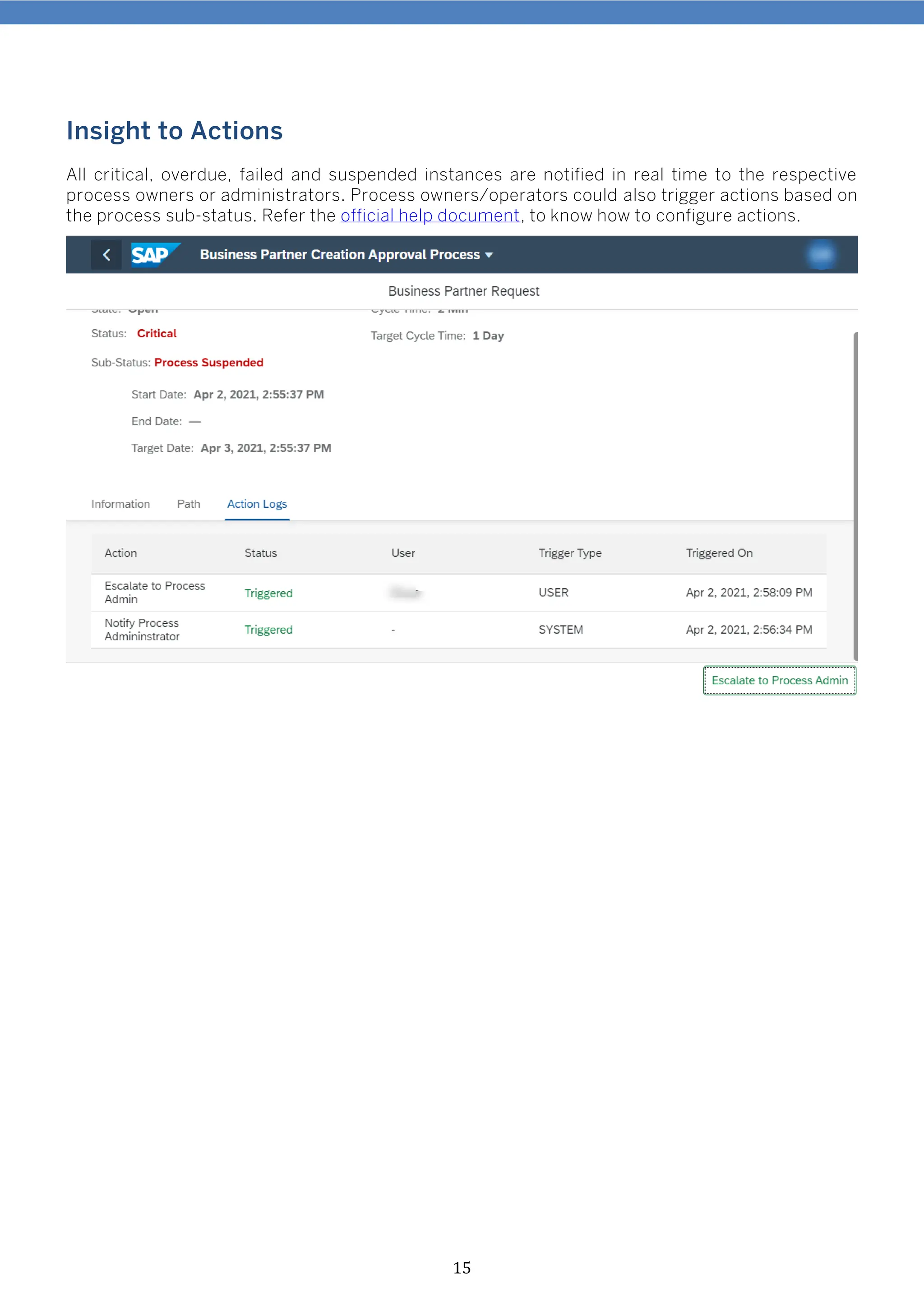 15
Insight to Actions
All critical, overdue, failed and suspended instances are notified in real time to the respective
process owners or administrators. Process owners/operators could also trigger actions based on
the process sub-status. Refer the official help document, to know how to configure actions.
 