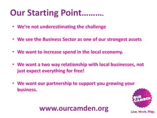 Our Starting Point……….
• We’re not underestimating the challenge
• We see the Business Sector as one of our strongest assets
• We want to increase spend in the local economy.
• We want a two way relationship with local businesses, not
just expect everything for free!
• We want our partnership to support you growing your
business.

www.ourcamden.org

 