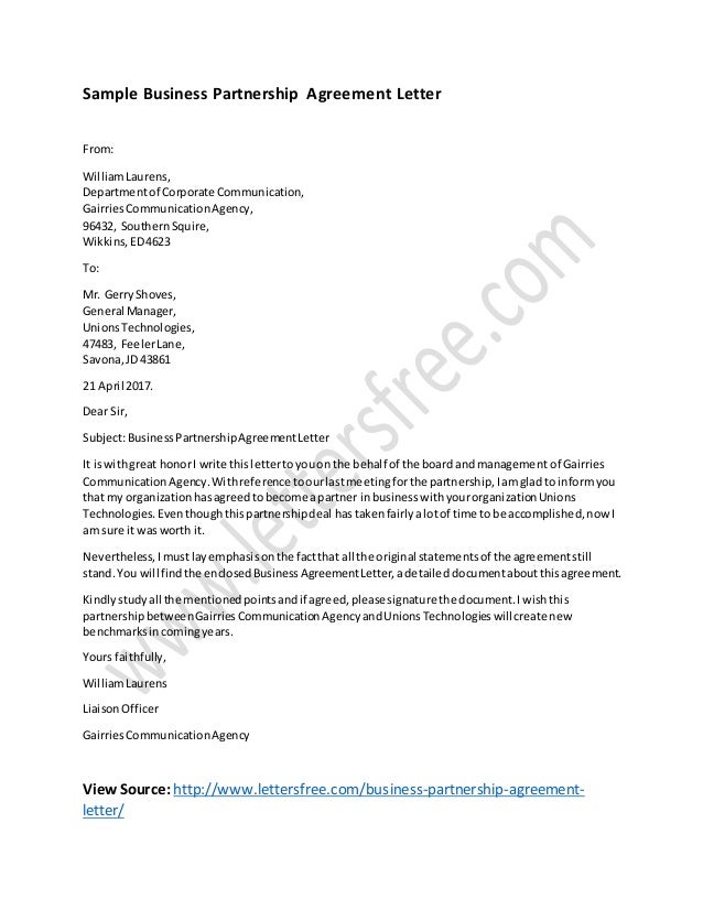 business partnership agreement letter template partnership agreement letter