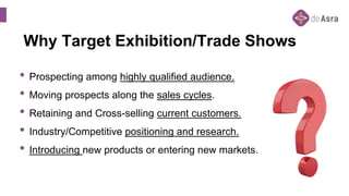 Why Target Exhibition/Trade Shows
• Prospecting among highly qualified audience.
• Moving prospects along the sales cycles.
• Retaining and Cross-selling current customers.
• Industry/Competitive positioning and research.
• Introducing new products or entering new markets.
 