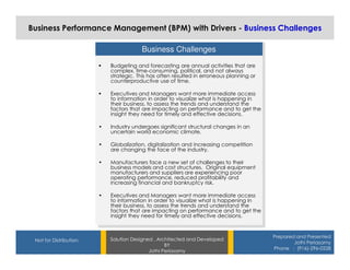 Business Performance Management (BPM) with Drivers - Business Challenges

                                         Business Challenges
                             Budgeting and forecasting are annual activities that are
                             complex, time-consuming, political, and not always
                             strategic. This has often resulted in erroneous planning or
                             counterproductive use of time.

                             Executives and Managers want more immediate access
                             to information in order to visualize what is happening in
                             their business, to assess the trends and understand the
                             factors that are impacting on performance and to get the
                             insight they need for timely and effective decisions.

                         •   Industry undergoes significant structural changes in an
                             uncertain world economic climate.

                         •   Globalization, digitalization and increasing competition
                             are changing the face of the industry.

                         •   Manufacturers face a new set of challenges to their
                             business models and cost structures. Original equipment
                             manufacturers and suppliers are experiencing poor
                             operating performance, reduced profitability and
                             increasing financial and bankruptcy risk.

                         •   Executives and Managers want more immediate access
                             to information in order to visualize what is happening in
                             their business, to assess the trends and understand the
                             factors that are impacting on performance and to get the
                             insight they need for timely and effective decisions.


                                                                                           Prepared and Presented
 Not for Distribution.       Solution Designed , Architected and Developed
                                                                                                   Jothi Periasamy
                                                    BY
                                                                                           Phone : (916)-296-0228
                                             Jothi Periasamy
 