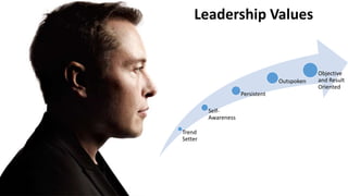 Leadership Values
Trend
Setter
Self-
Awareness
Persistent
Outspoken
Objective
and Result
Oriented
 