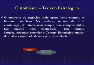 Mais negócios gerarão um maior volume de disputas judiciais.Para que este ambiente possa gerar maior volume de negócios para estas empresas, é imperativo que seus sócios e executivos  planejem  a estrutura da organização, as ações e investimentos e estabeleçam os indicadores e controles de acompanhamento estratégico.Espero, com esta apresentação, levar alguma contribuição ao desenvolvimento das empresas nesta  nova realidade por que passa o País.João Telles Corrêa FilhoJaneiro de 2009