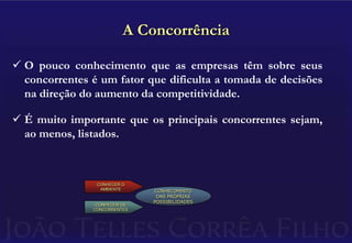 O Ambiente – Terreno EstratégicoO ambiente de negócios onde opera nossa empresa é bastante complexo. Na verdade, trata-se de uma combinação de fatores nem sempre bem compreendidos (ou mesmo bem conhecidos). Em termos simples, podemos entender o Terreno Estratégico através da análise estruturada de uma série de variáveis:CONHECER O AMBIENTECONHECIMENTO DAS PRÓPRIAS POSSIBILIDADES