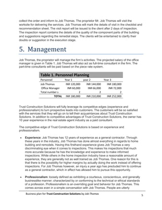 collect the order and inform to Job Thomas. The proprietor Mr. Job Thomas will visit the
worksite for delivering the services. Job Thomas will mark the details of visit in the checklist and
recommendation sheet. The visit report will be issued to the client after 2 days of inspection.
The inspection report contains the details of the quality of the component parts of the building
and suggestions regarding the remedial steps. The clients will be entertained to clarify their
doubts or suggestion in the execution stage.


5. Management
Job Thomas, the proprietor will manage the firm’s activities. The projected salary of the office
manager is given in Table 1. Job Thomas will also act as full-time consultant in the firm. The
part-time consultants will be paid based on the piece rate system.

                 Table 1. Personnel Planning
                 Personnel        Year 1       year 2         Year 3
                 Job Thomas        INR 120,000   INR 144,000    INR 180,000
                  Office Manager    INR 60,000     INR 66,000    INR 72,000
                 Total number s              2              2             2
                            TOTAL INR 180,000    INR 210,000    INR 252,000


Trust Construction Solutions will fully leverage its competitive edges (experience and
professionalism) to turn prospective leads into customers. The customers will be so satisfied
with the services that they will go on to tell their acquaintances about Trust Construction
Solutions. In addition to competitive advantages of Trust Construction Solutions, the owner has
10 year experience in the real estate agent industry as a paid consultant.

The competitive edge of Trust Construction Solutions is based on experience and
professionalism.

    Experience: Job Thomas has 12 years of experience as a general contractor. Through
    these years in the industry, Job Thomas has done almost everything in regards to home
    building and remodels. Having this firsthand experience gives Job Thomas a very
    discriminating eye when it comes to inspections. This makes his inspections that much
    more accurate because he has the knowledge and experience to make informed
    inspections. While others in the home inspection industry have a reasonable amount of
    experience, they are generally not as well trained as Job Thomas. One reason for this is
    that there is the possibility for higher margins by actually doing the work instead of offering
    inspections. For Job Thomas however, an injury a year ago has precluded him to continue
    as a general contractor, which in effect has allowed him to pursue this opportunity.

    Professionalism: loosely defined as exhibiting a courteous, conscientious, and generally
    businesslike manner; characterized by or conforming to the technical or ethical standards
    of a profession. Professionalism is an overriding goal and behavior for Job Thomas. This
    comes across even in a simple conversation with Job Thomas. People are utterly

     Business plan for Trust Construction Solutions by Job Thomas                                     5
 