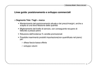 Linee guida: posizionamento e sviluppo commerciali Segmento Tele / Tagli – marca Mantenimento del posizionamento attuale e dei prezzi/margini, anche a scapito di una lieve flessione delle quantità  Miglioramento del livello di servizio, con conseguente recupero di fatturato a prezzo pieno Riduzione dell'incidenza % vendite promozionali Possibile inserimento prodotti importazione(non quantificato nel piano) per: difesa fascia bassa offerta sviluppo volumi  3. Business Model - Piano a tre anni 