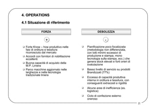 4. OPERATIONS  Forte Know – how produttivo nelle fasi di orditura e tessitura riconosciuto dal mercato  Accordi con fornitori di nobilitazione eccellenti  Buona capacità di acquisto della M.P. Liniera Parco macchine aggiornato nelle larghezze e nella tecnologia tradizionale liniera  4.1 Situazione di riferimento Pianificazione poco focalizzata (metodologia non differenziata, con lotti minimi eccessivi di produzione e stampa, mono tecnologia sulla stampa, ecc.) che genera stock elevati e forti oneri di svalutazione  Basso livello di servizio su prodotti Brandizzati (77%)  Eccesso di capacità produttiva interna in orditura e tessitura, con conseguenti extracosti e rigidità Alcune aree di inefficienza (es. logistica) Ciclo di confezione esterno oneroso  + - FORZA DEBOLEZZA 