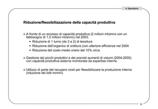 Riduzione/flessibilizzazione della capacità produttiva  A fronte di un eccesso di capacità produttiva (2 milioni mt/anno con un fabbisogno di 1,5 milioni mt/anno) nel 2003:  Riduzione di 1 turno (da 3 a 2) di tessitura Riduzione dell’organico di orditura (con ulteriore efficienze nel 2004 Riduzione del costo medio orario del 10% circa Gestione dei picchi produttivi e dei previsti aumenti di volumi (2004-2005) con capacità produttiva esterna monitorata da expertise interne. Utilizzo di parte del recupero costi per flessibilizzare la produzione interna (riduzione dei lotti minimi)  4. Operations 