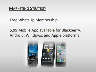 Marketing Strategy<br />Free WhatsUp Membership<br />$.99 Mobile App available for Blackberry, Android, Windows, and Apple...