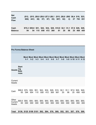 Net
                ($12, ($15, ($8,8 ($9,0 ($7,5 ($8,1 ($15, ($8,8 ($92 $6,4 $18, $23,
Cash
                 606) 441) 38) 57) 87) 03) 387) 62)               2) 27 783 051
Flow



Cash           $75,3 $59,9 $51, $42, $34, $26, $10,9 $2,1 $1,1 $7,6 $26, $49,
Balance          94    54 115 058 472 369        81   20 98 25 408 459




Pro Forma Balance Sheet


               Mont Mont Mont Mont Mont Mont Mont Mont Mont Mont Mont Mont
                h 1 h 2 h 3 h 4 h 5 h 6 h 7 h 8 h 9 h 10 h 11 h 12


       Start
       ing
Assets
       Bala
       nces


Current
Assets


          $88,0 $75, $59, $51, $42, $34, $26, $10, $2,1 $1,1 $7,6 $26, $49,
Cash
            00 394 954 115 058 472 369 981          20   98   25 408 459


Other
        $50,0 $50, $50, $50, $50, $50, $50, $50, $50, $50, $50, $50, $50,
Current
          00 000 000 000 000 000 000 000 000 000 000 000 000
Assets


Total     $138, $125 $109 $101 $92, $84, $76, $60, $52, $51, $57, $76, $99,
 