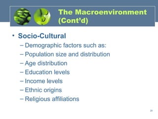 The Macroenvironment
                (Cont’d)

• Socio-Cultural
  – Demographic factors such as:
  – Population size and distribution
  – Age distribution
  – Education levels
  – Income levels
  – Ethnic origins
  – Religious affiliations
                                       29
 