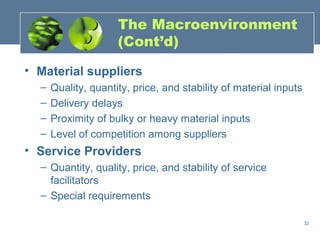 The Macroenvironment
                     (Cont’d)

• Material suppliers
  –   Quality, quantity, price, and stability of material inputs
  –   Delivery delays
  –   Proximity of bulky or heavy material inputs
  –   Level of competition among suppliers
• Service Providers
  – Quantity, quality, price, and stability of service
    facilitators
  – Special requirements

                                                                   32
 