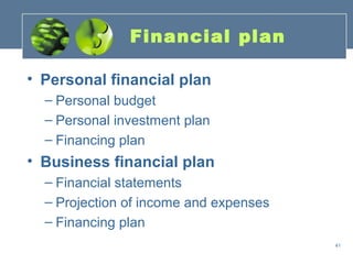Financial plan

• Personal financial plan
  – Personal budget
  – Personal investment plan
  – Financing plan
• Business financial plan
  – Financial statements
  – Projection of income and expenses
  – Financing plan
                                        41
 