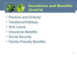 Incentives and Benefits
                (Cont’d)

•   Pension and Gratuity
•   Vacations/Holidays
•   Sick Leave
•   Insurance Benefits
•   Social Security
•   Family Friendly Benefits


                                          54
 