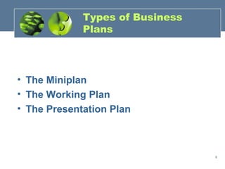 Types of Business
             Plans




• The Miniplan
• The Working Plan
• The Presentation Plan



                                 6
 