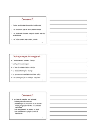 16
Comment ?
• Toutes les données doivent être cohérentes
• Les évolutions avec le temps doivent figurer
• Les facteurs et périodes critiques doivent être mis
en évidence
• Les chois doivent être dûment justifiés
17
Votre plan peut changer si…
• L’environnement extérieur change
• Les hypothèses changent
• La date de mise en œuvre change
• Le reste de l’entreprise change
• La concurrence réagit autrement que prévu
• Les actions prévues ne sont pas exécutées
18
Comment ?
• Modeler votre plan sur la base :
– Des hypothèses retenues
– Des Marges de manœuvre et de sécurité
– Des Synergies éventuelles pouvant être
valorisées
– De l’engagement du porteur du projet
– De l’intégration du projet au sein de
l’entreprise
 